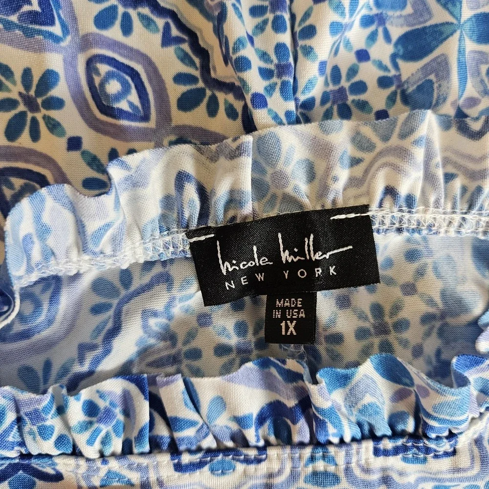 Nicole‎ Miller New York 1X Blue Tile Print Dress Ruffle NWT
